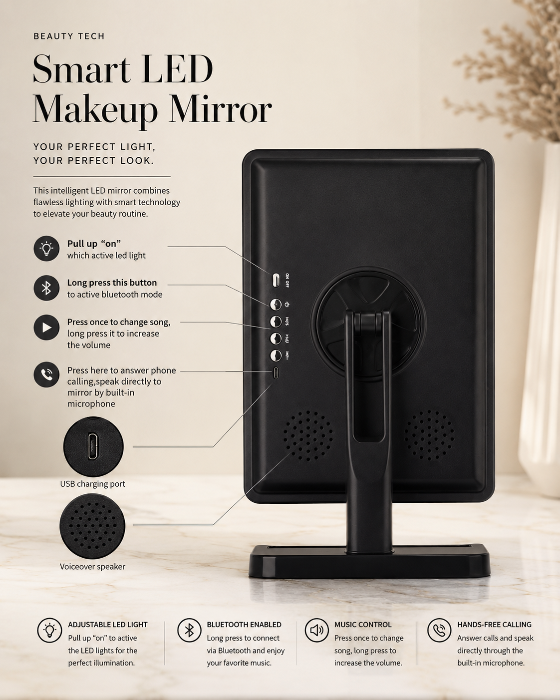 3-In-1 LED Makeup Mirror – Bluetooth Speaker & 10X Magnification
