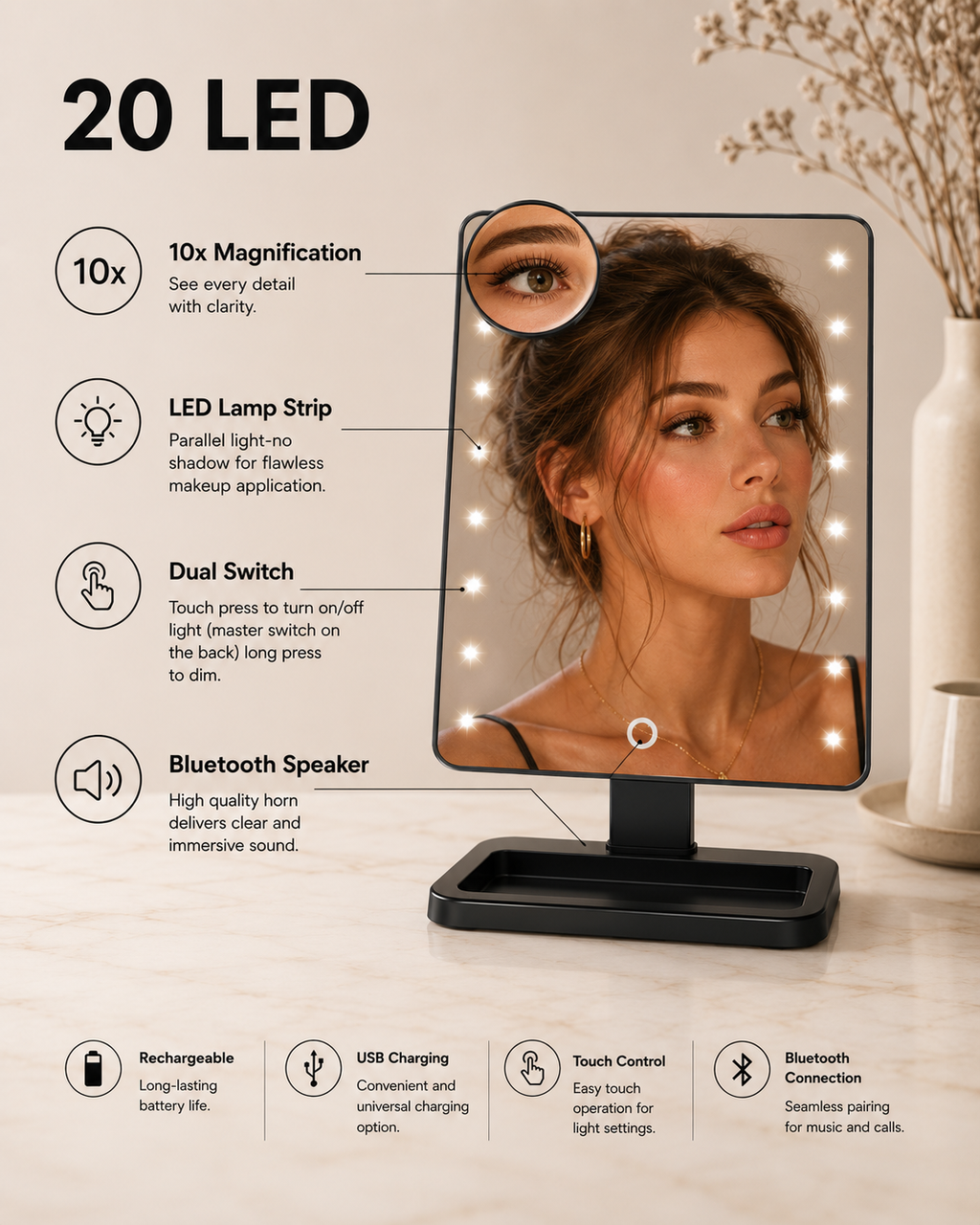 3-In-1 LED Makeup Mirror – Bluetooth Speaker & 10X Magnification