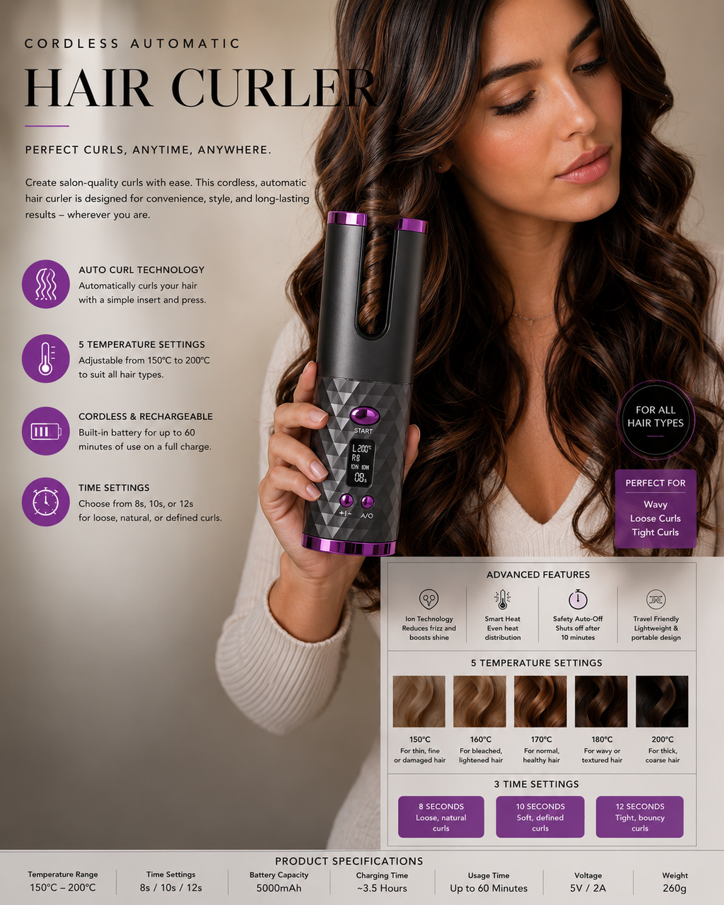 Cordless Automatic Hair Curler – Rechargeable Ceramic Curling Wand