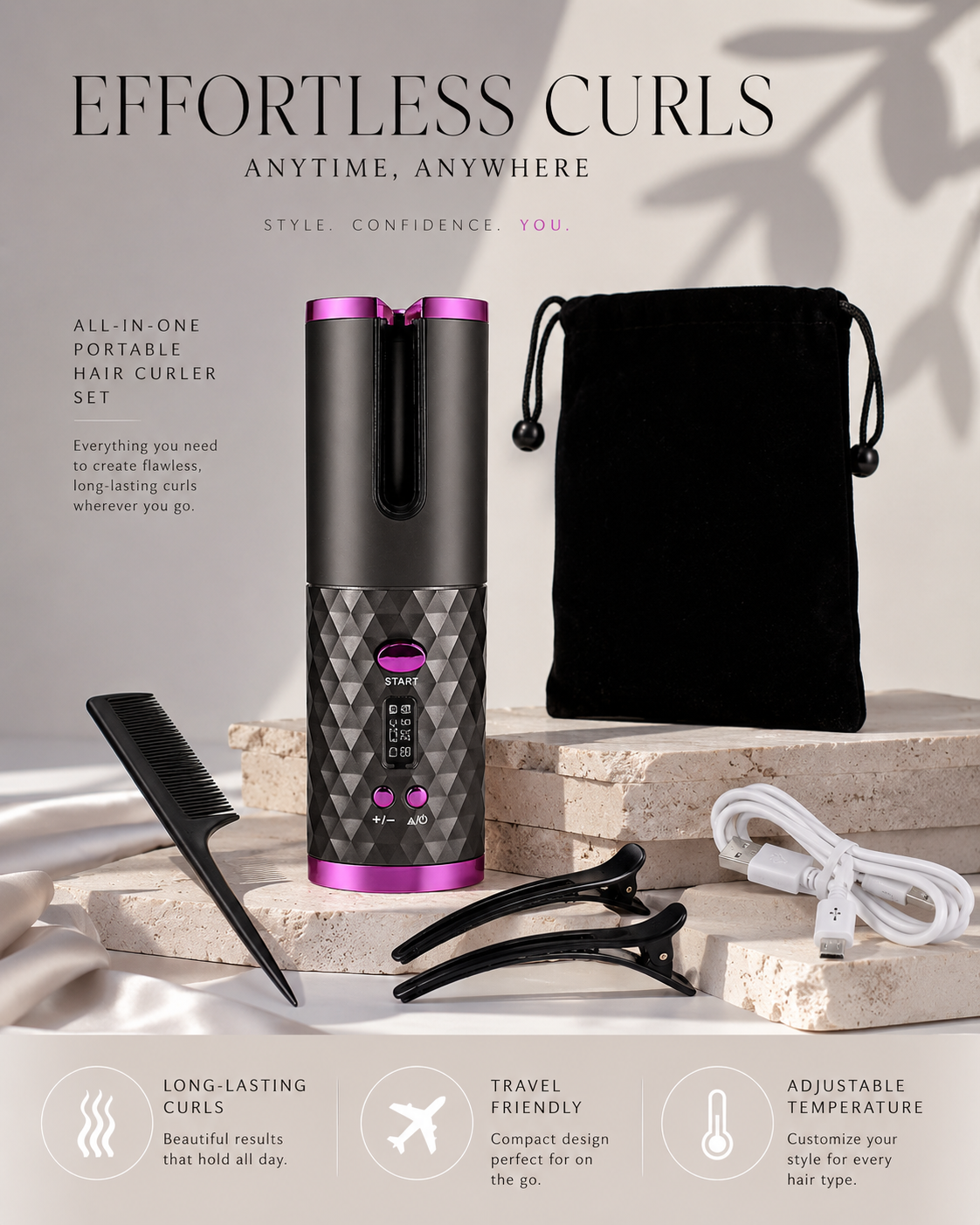 Cordless Automatic Hair Curler – Rechargeable Ceramic Curling Wand